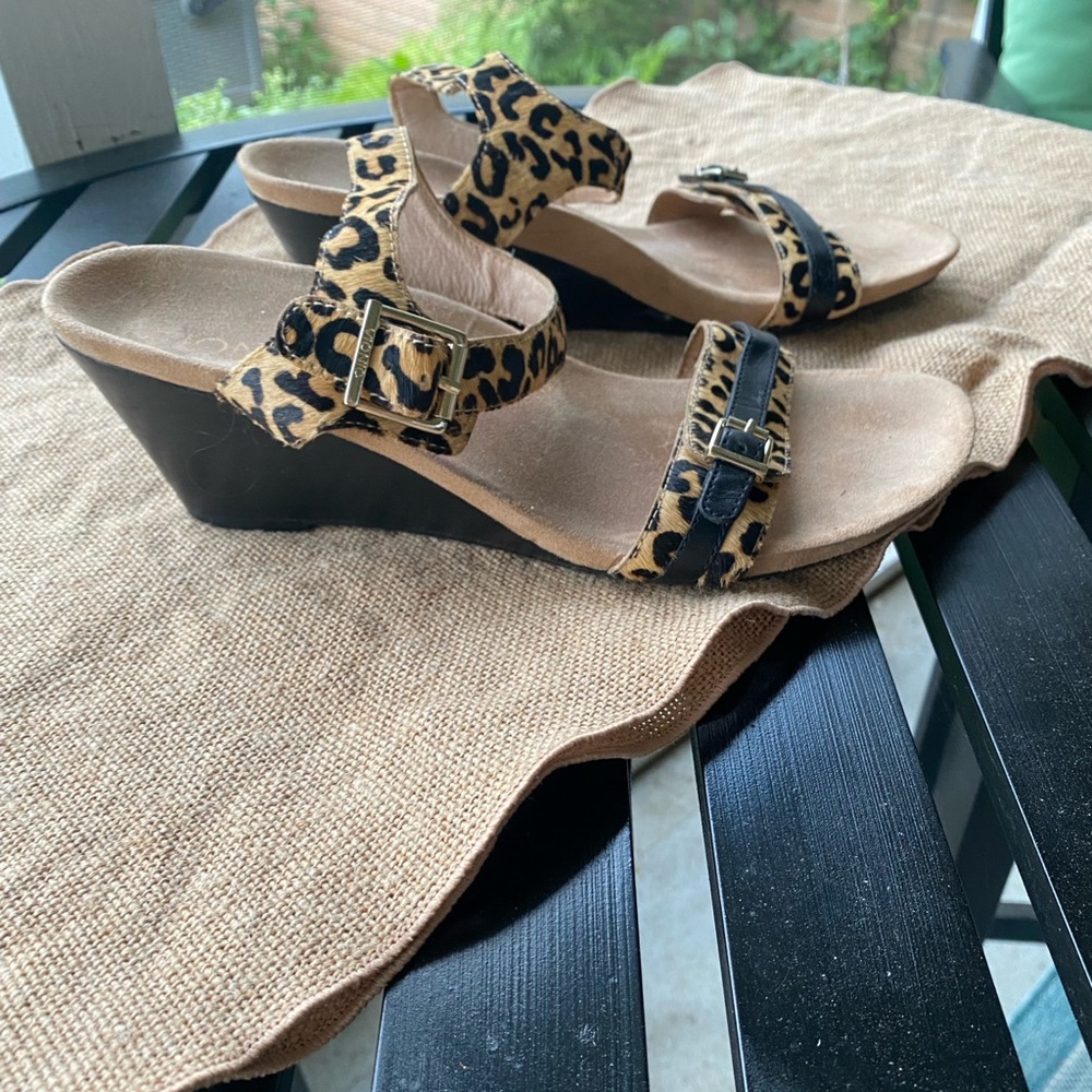 Leopard print, calf hair Vionic wedge sandals.